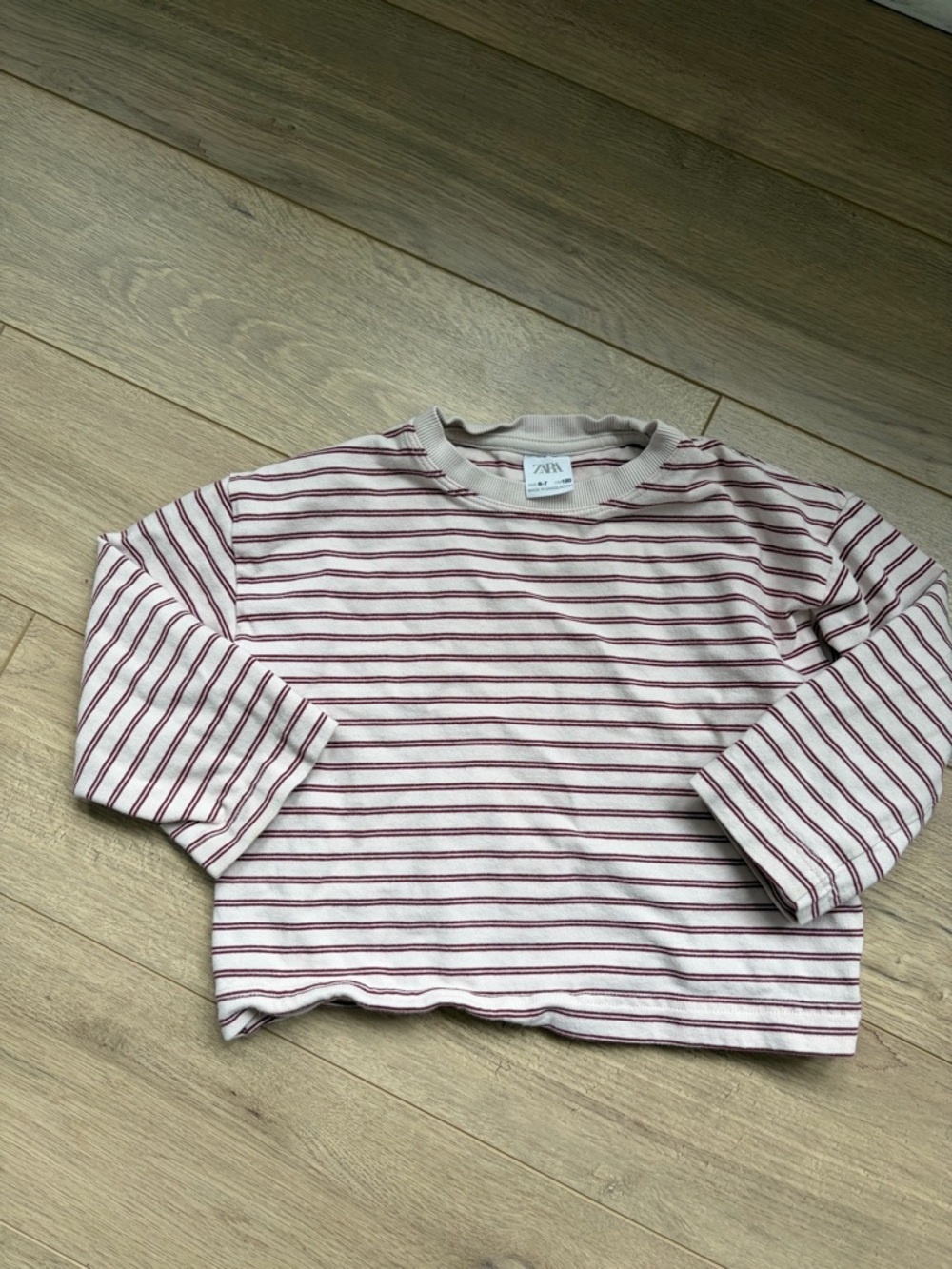 Zara Kids Long Sleeve Crewneck Top - Cream with Burgundy Stripes